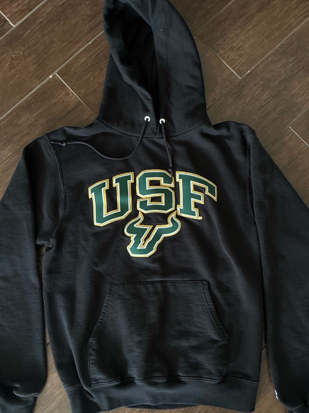 Champion USF Black Pullover Hoodie with Green and Gold Logo. Men’s size small.